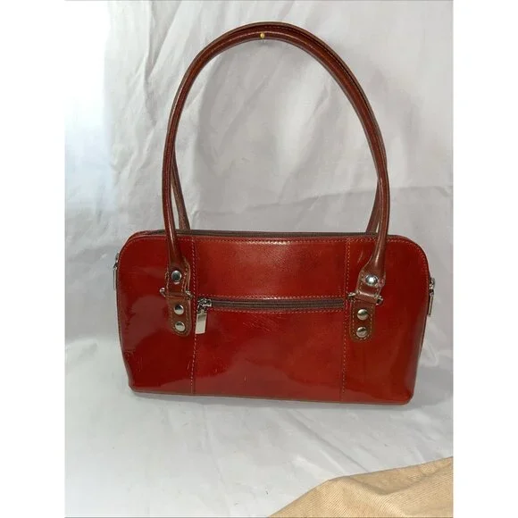 Christian Florence Made In Italy Leather HandBag Red With Brown Handle Dust Bag - Picture 4 of 15
